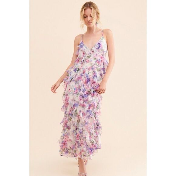 New Anthropologie Jia Ruffle Maxi Dress Size US 12P - Picture 1 of 7